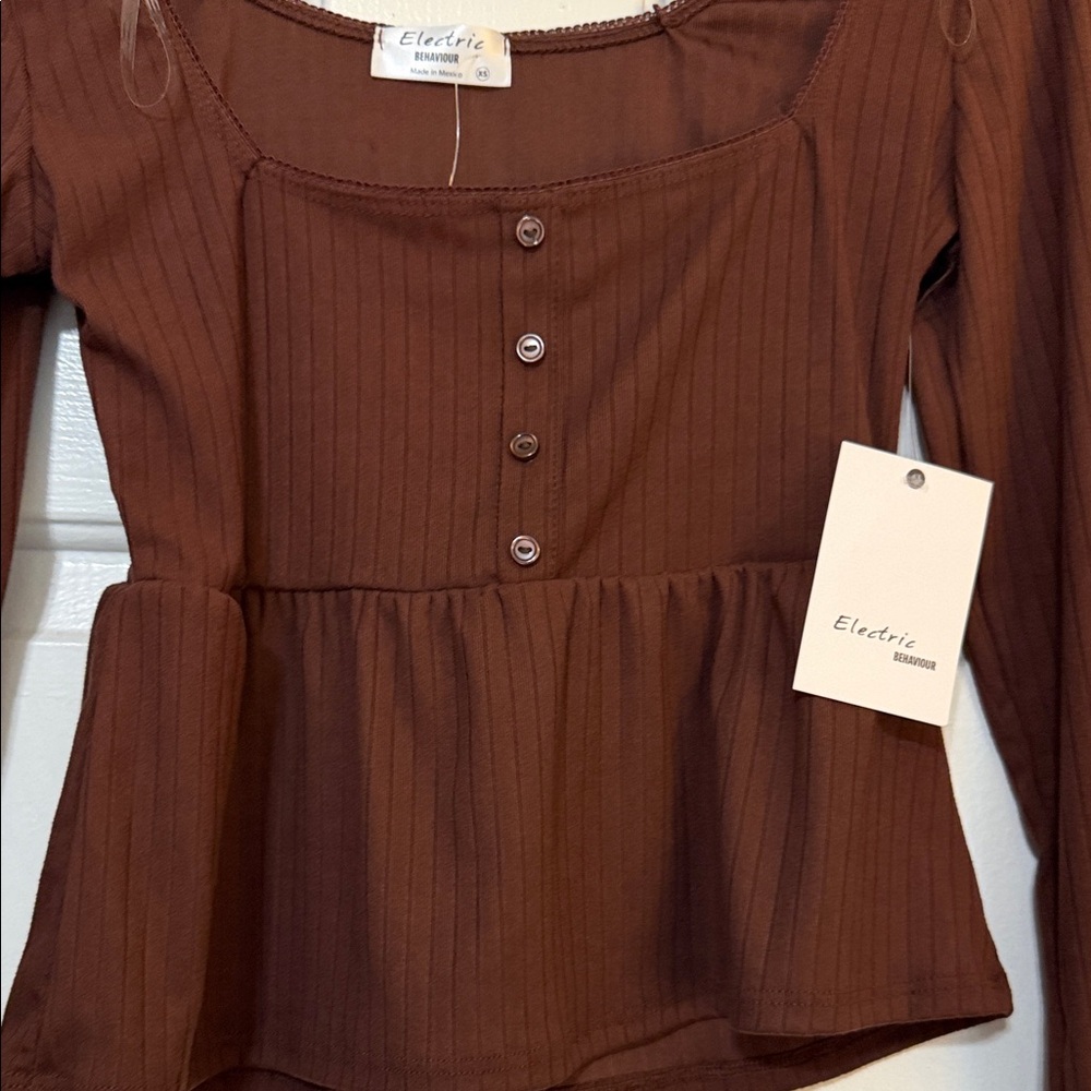 Electric behavior Brown Ribbed Button Blouse - Picture 5 of 7